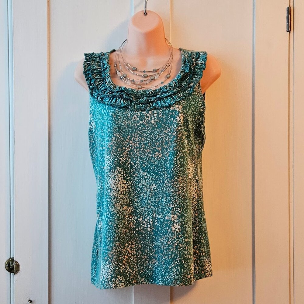 Ann Taylor Sleeveless Top with Ruffle Detail in Teal Print | Women's L | EUC